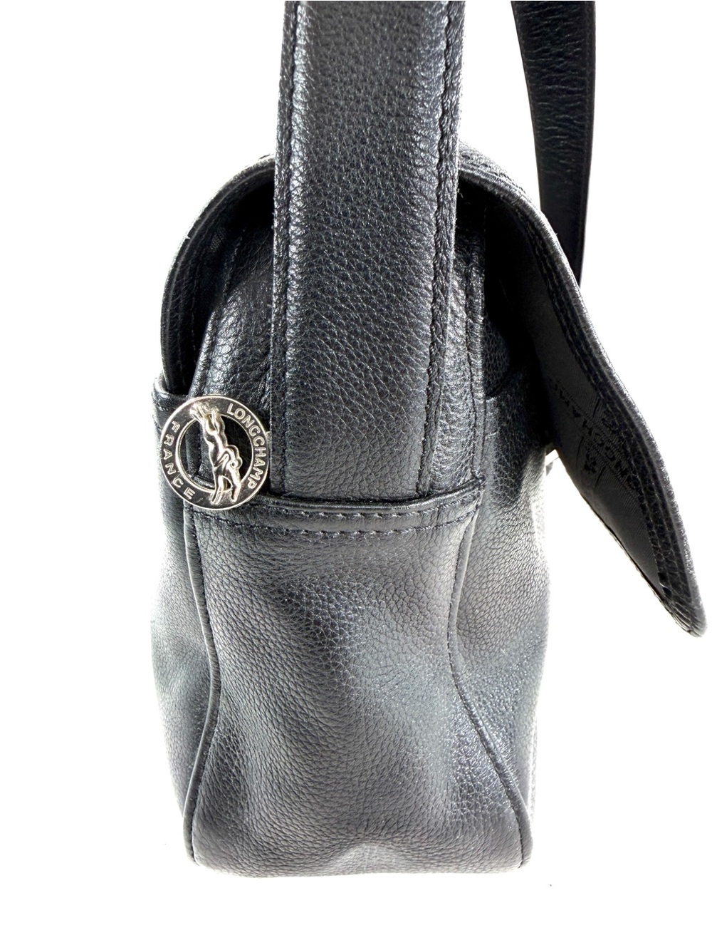 Longchamp Vintage Black Leather East West Medium Shoulder Bag Flap Buckle Rare - Picture 6 of 12